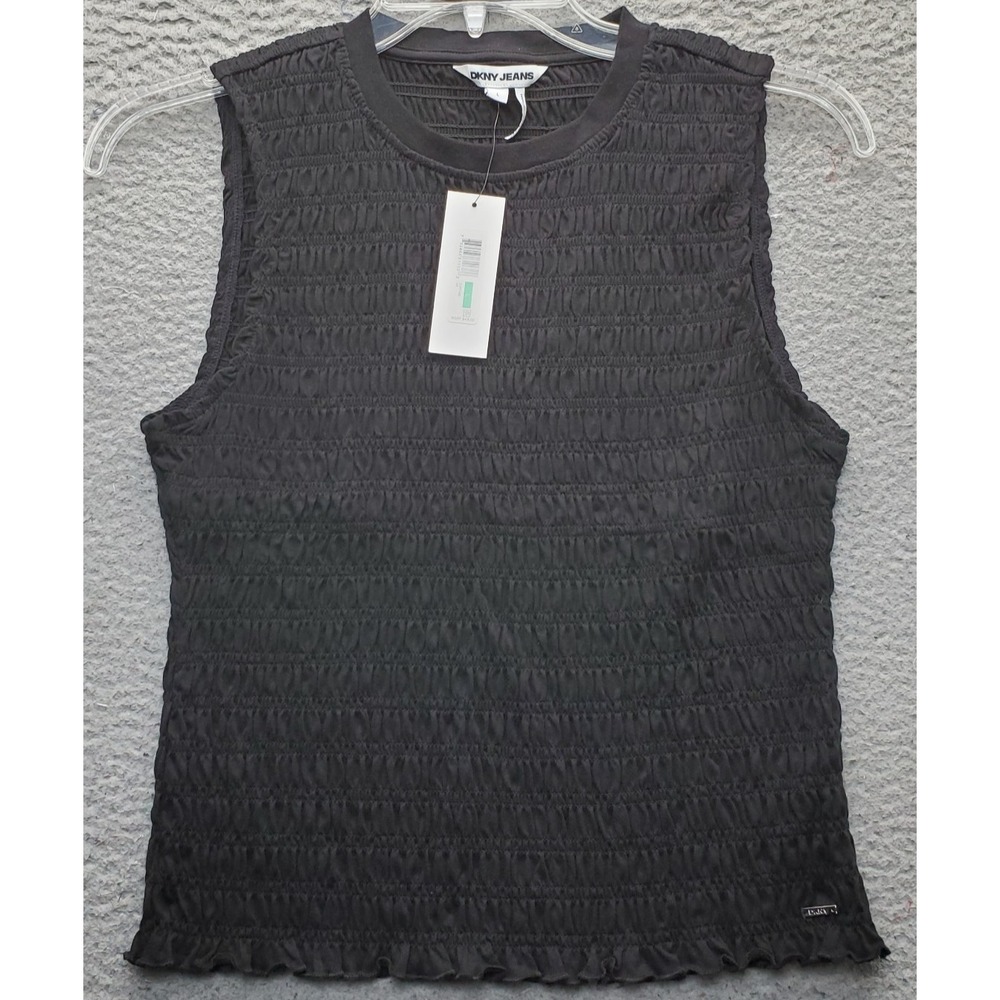 DKNY Jeans Smocked Top Womens L Black Sleeveless Crew Neck Lettuce Hem Pullover